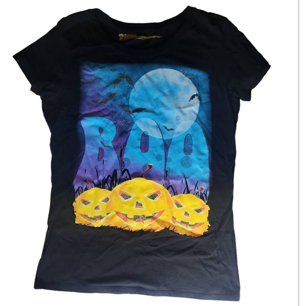 Halloween T- Shirt Womens Large 12/14 Tee Pumpkin Night BOO Bats Moon Black